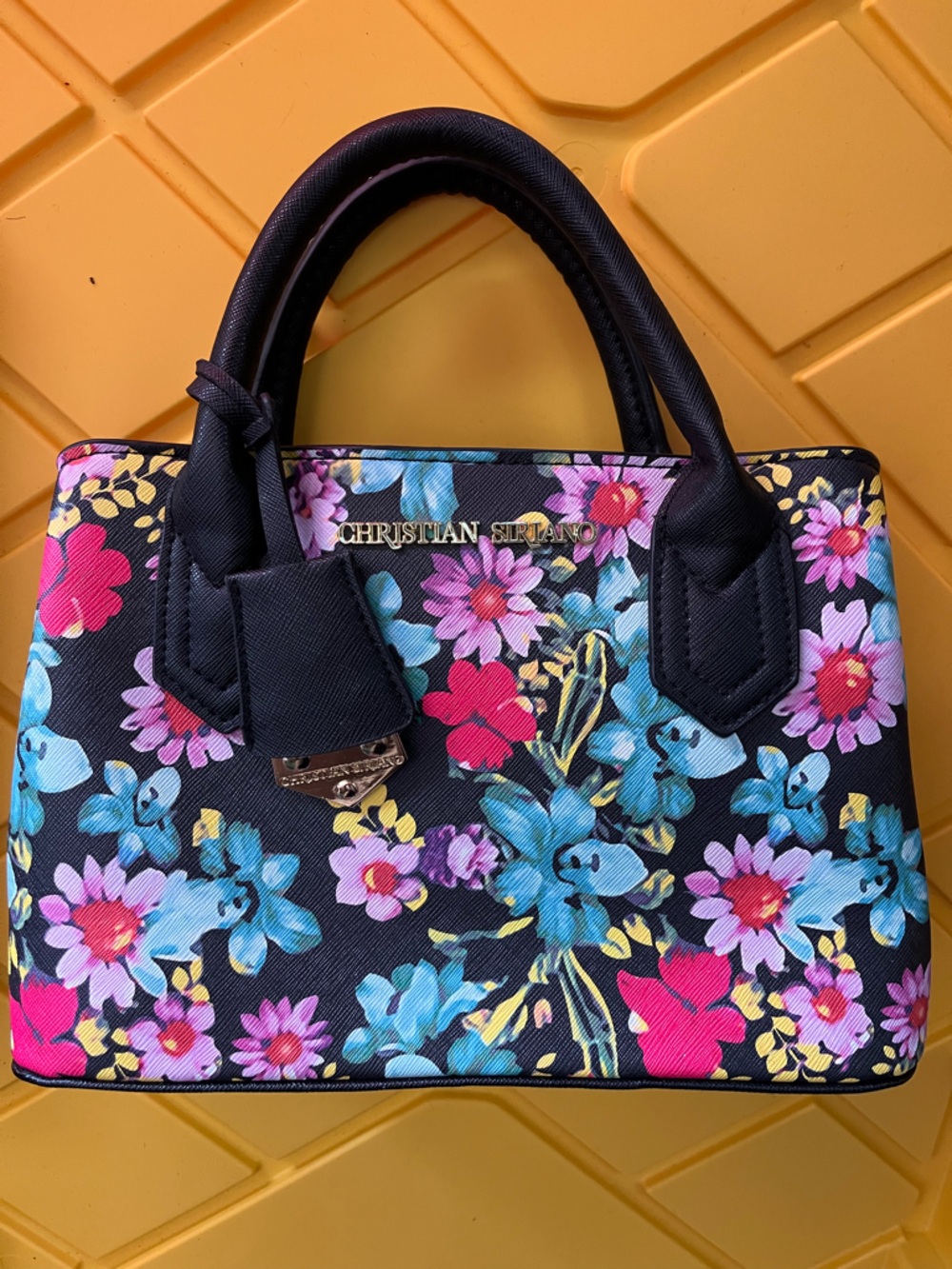 Christian Siriano Black Floral Satchel with Blue Pink Accents